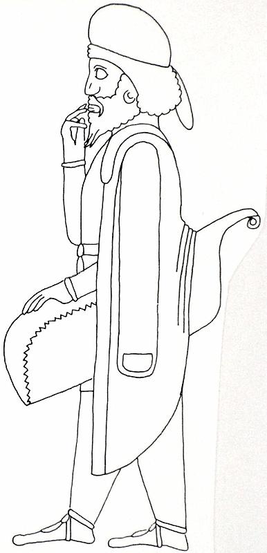 Atemgestus (Persep)T23A2.jpg - Eine spezielle Gebärde in Persepolis ist der sog. Atemgestus. Angenommen wird, dass der Großkönig nicht mit dem Atem seiner Untergebenen in Berührung kommen durfte, der Gezeigte also seinen Atem verbirgt.